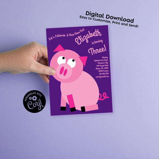 Pink Pig Birthday Party Invitation Editable Digital Download Cute Kids 1st Toddler Farm
