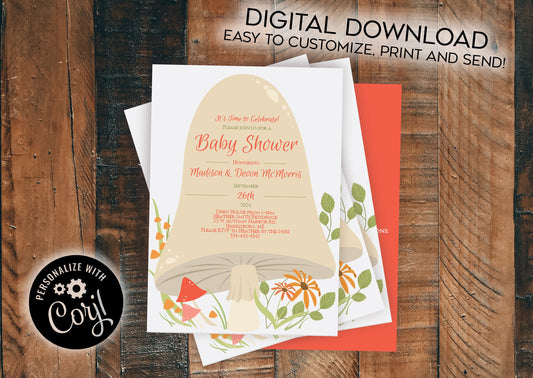 Woodland Mushroom Baby Shower Invitation Editable Digital Download