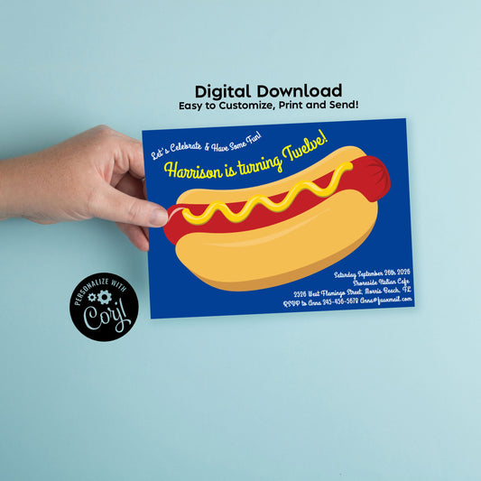 Hot Dog Birthday Party Invitation Editable Digital Download Cute Kids Cookout Wiener Roast