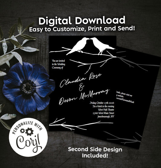 Raven Crows Gothic Wedding Invitation Editable Digital Download Halloween Party