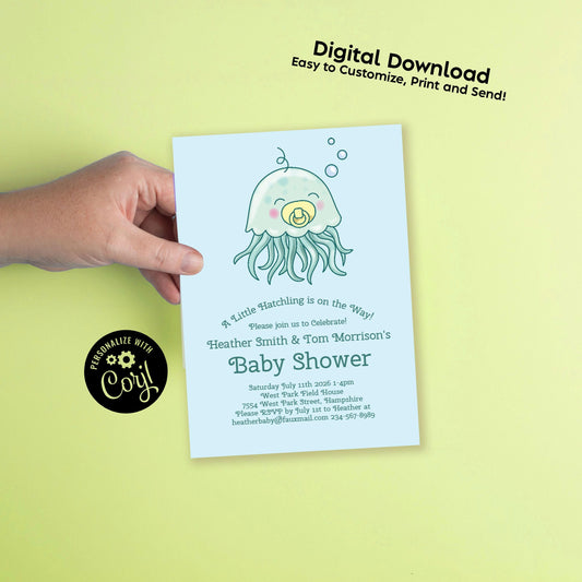 Jellyfish Under the Sea Baby Shower Invitation Editable Digital Download Cute Kids