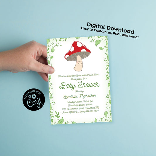 Mushroom Baby Shower Party Invitation Editable Digital Download Cute Cartoon