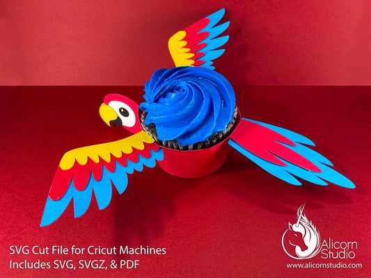 Parrot Bird Cricut Cupcake 3D SVG Cut File for Paper Rainbow Macaw Liner Wrapper Party Decor