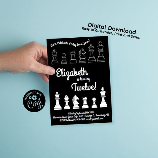 Chess Birthday Party Invitation Editable Digital Download Board Games Cute Kids
