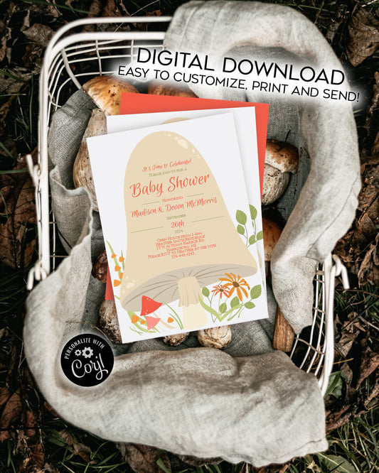 Woodland Mushroom Baby Shower Invitation Editable Digital Download