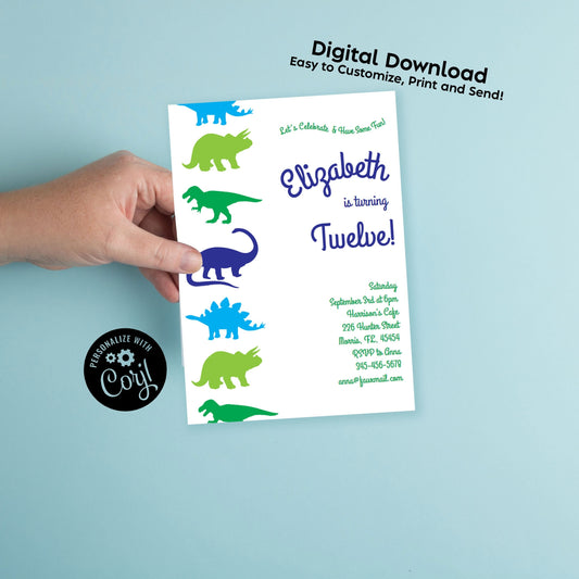 Dinosaur Birthday Party Invitation Editable Digital Download Cute Kids Silhouette
