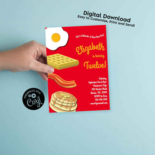 Breakfast Brunch Birthday Party Invitation Editable Digital Download Pancake Waffle Eggs Bacon Cute Kids
