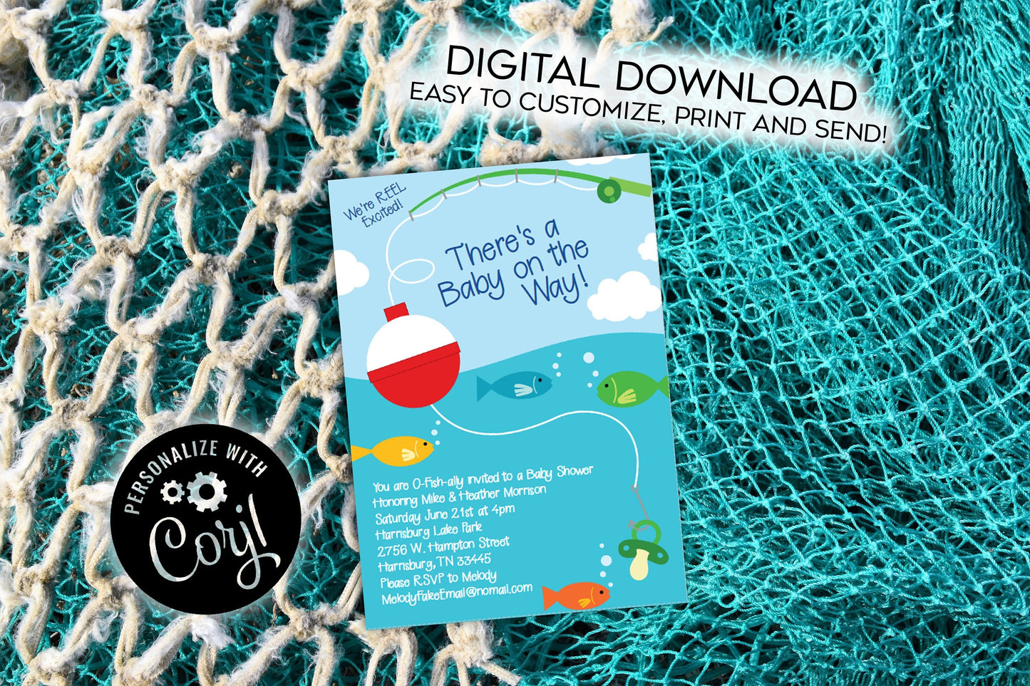 Fishing Baby Shower Invitation Editable Digital Fish Fisherman Download