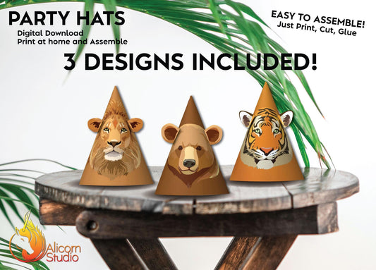 Animal Party Hats Digital File Print and Cut Printable Party Decor Birthday Carnival Circus