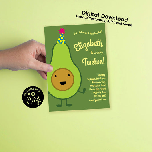 Avocado Birthday Party Invitation Editable Digital Download Cute Kids