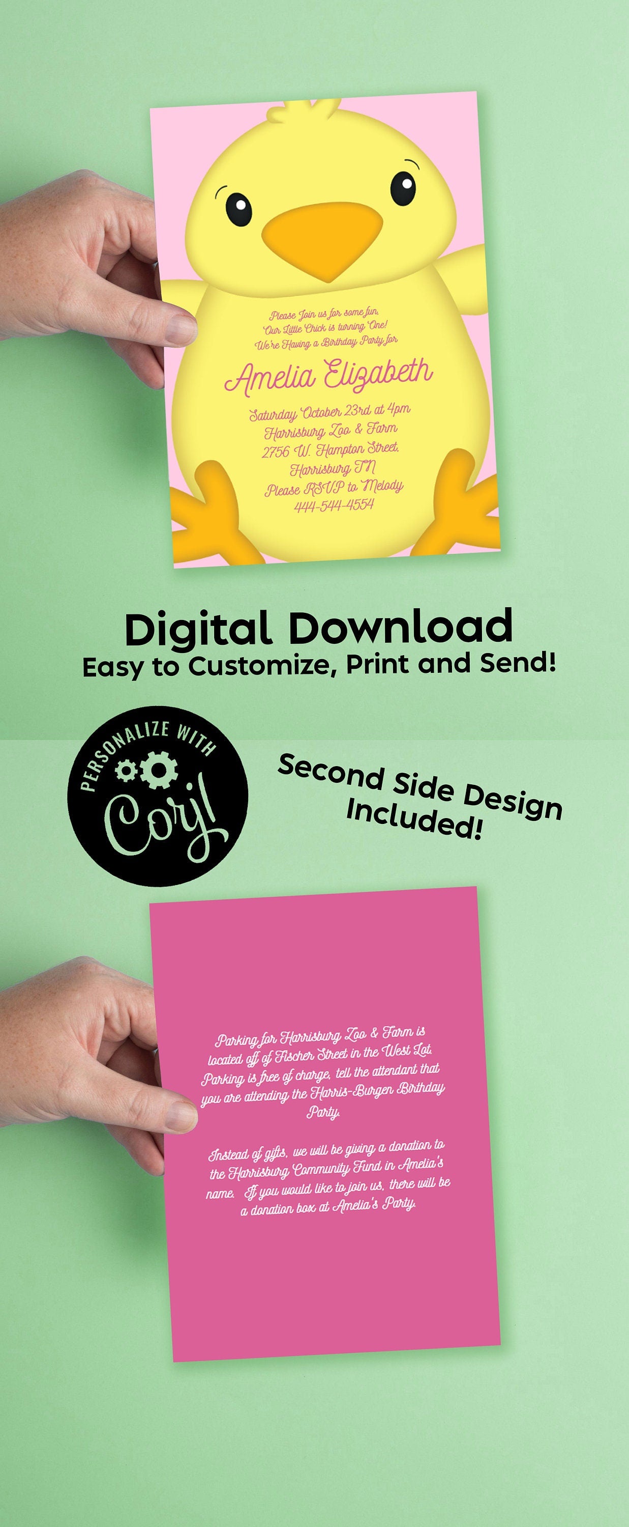 Chick Birthday Party Invitation Editable Digital Download Cute Kids 1st Farm Toddler Pink