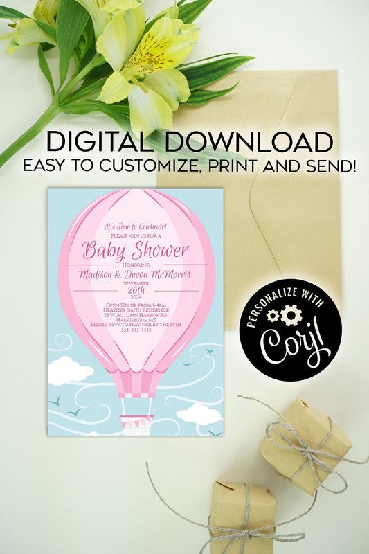 Pink Hot Air Balloon Baby Shower Invitation Editable Digital Elegant Girl Download