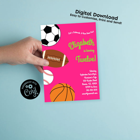 Pink Sports Invitation Editable Digital Download Birthday Party Kids Football Baseball Basketball Soccer
