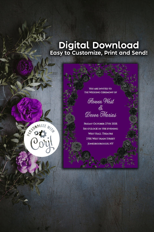 Purple Black Elegant Gothic Wedding Invitation Editable Digital Download Roses Party