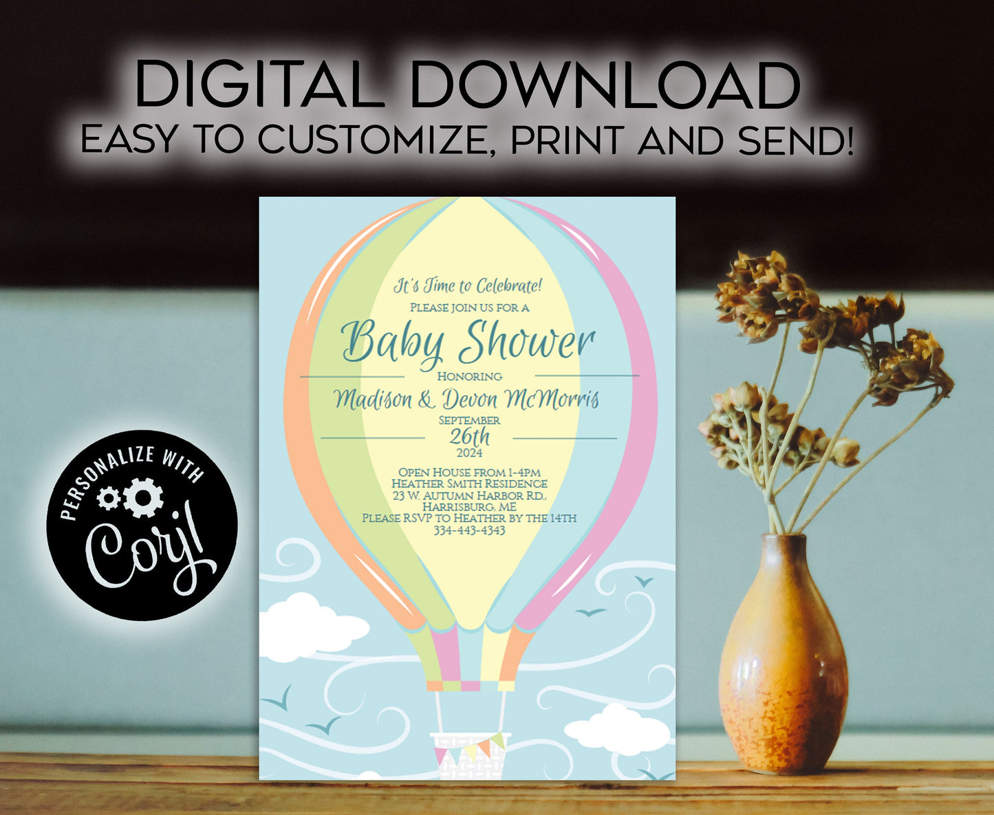 Pastel Rainbow Hot Air Balloon Baby Shower Invitation Editable Digital Elegant Download