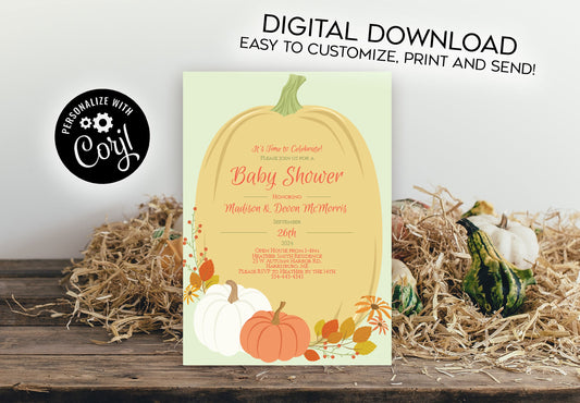 Fall Pumpkin Baby Shower Invitation Editable Digital Elegant Gender Neutral Download