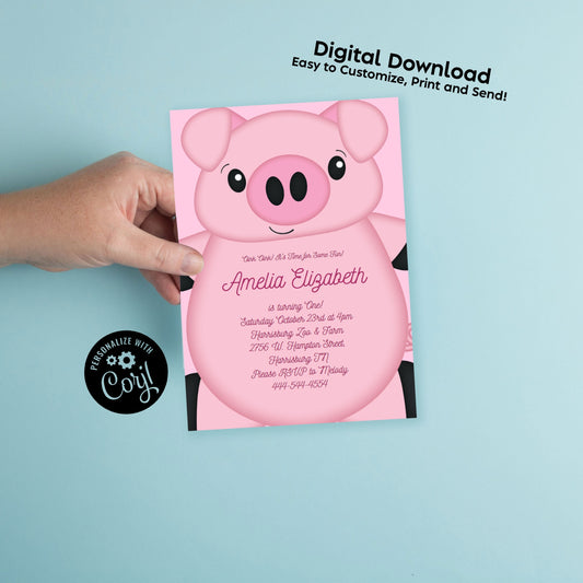 Pink Pig Birthday Party Invitation Editable Digital Download Cute Kids 1st Farm Toddler