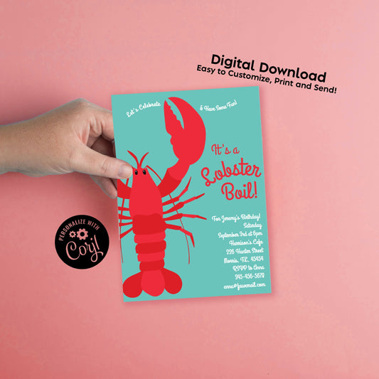 Lobster Boil Invitation Editable Digital Download Seafood Birthday Party Kids Cute