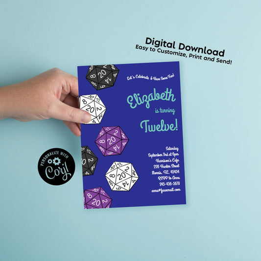 DND Dungeons and Dragons Birthday Party Invitation Editable Digital Download 20 Sided Dice Kids