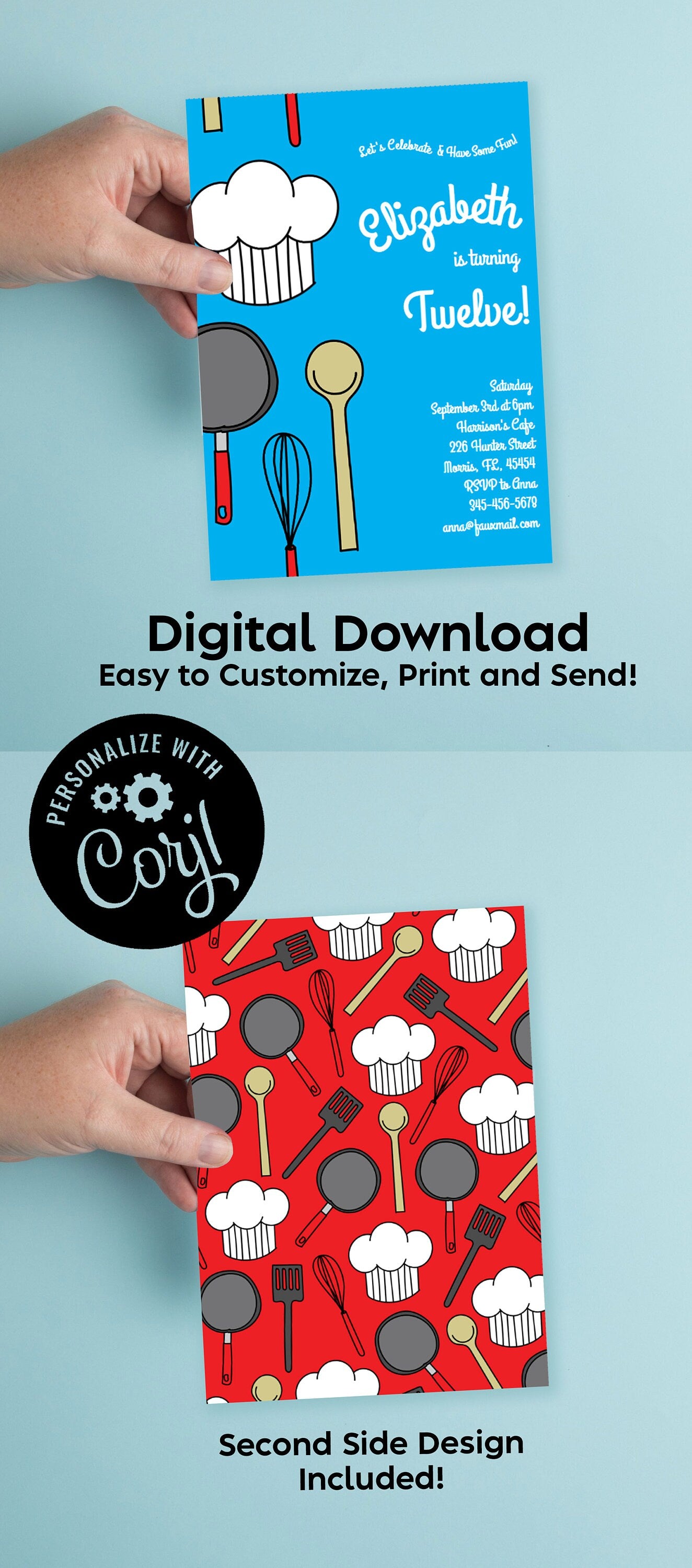 Chef Cooking Birthday Party Invitation Editable Digital Download Cute Kids Baking