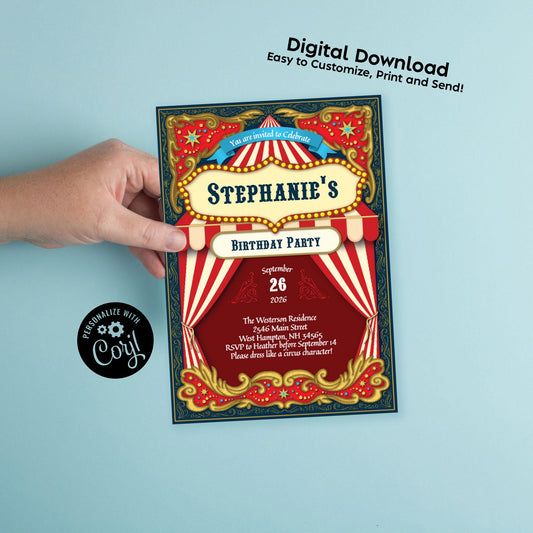 Circus Carnival Birthday Party Invitation Editable Digital Download Cute Kids Big Top 1st Toddler