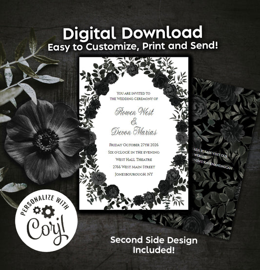 White Black Elegant Gothic Wedding Invitation Editable Digital Download Black Roses Party