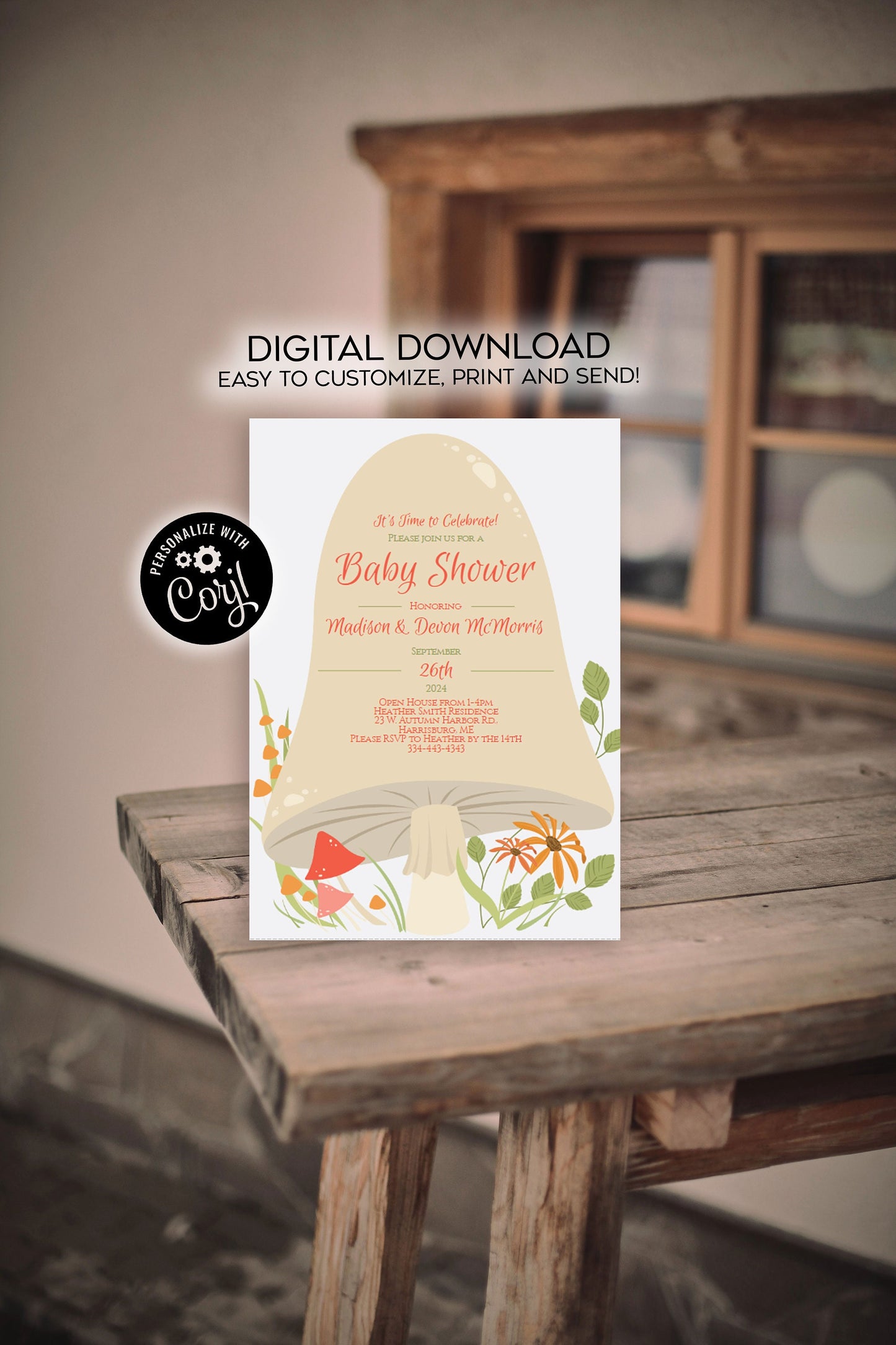 Woodland Mushroom Baby Shower Invitation Editable Digital Download