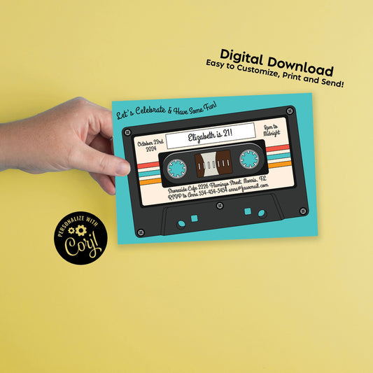 Cassette Tape Birthday Party Invitation Editable Digital Download Retro 80's 90's Vintage Music