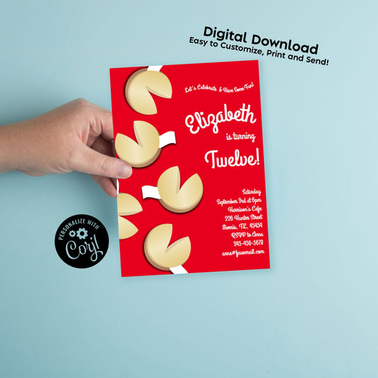 Fortune Cookie Birthday Party Invitation Editable Digital Download Cute Kids