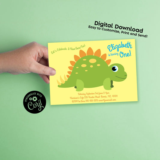 Stegosaurus Dinosaur Birthday Party Invitation Editable Digital Download Cute Kids