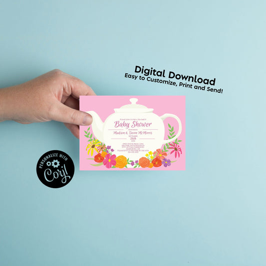 Pink Tea Party Baby Shower Invitation Editable Digital Teapot Spring Flowers Download