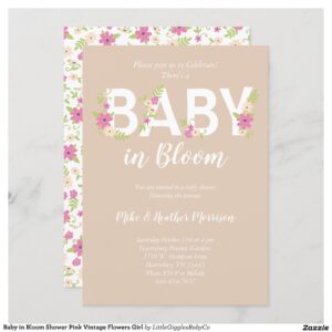 Celebrate the new parents and Baby with this cute baby in bloom shower design!  The pink vintage flowers make it a perfect for a baby girl on the way! #baby #shower #cute #pastel #baby in bloom #flowers #floral #girl #vintage #girly #Baby #in #Bloom #Shower #Pink #Vintage #Flowers #Girl #Collection