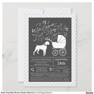 Include the big brother or sister fur baby in the celebration with this adorable Boxer dog baby shower design!  Perfect for a puppy lover with a baby on the way.  The Boxer is next to an adorable vintage carriage.  The chalkboard grey background makes it perfect for a gender neutral or co-ed shower! #dog #baby #shower #puppy #gender neutral #co-ed #chalkboard #boxer #boxer dog #dog baby #Boxer #Dog #Baby #Shower #Collection