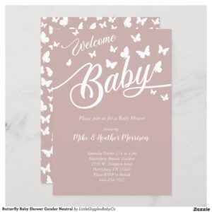 Celebrate the new parents and Baby with this cute butterfly baby shower design!  The vintage mauve background and butterfly silhouettes are perfect for a gender neutral baby shower in the spring! #baby #shower #cute #gender #neutral #co-ed #butterfly #butterflies #spring #vintage #Butterfly #Silhouettes #Baby #Shower #Gender #Neutral #Collection