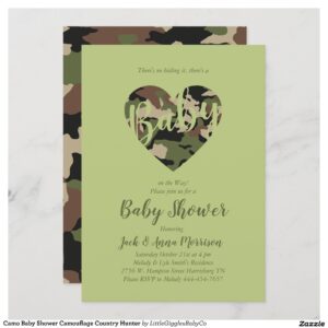 Welcome the new baby with this country style hunter camo baby shower theme!  The camouflage heart hides the word baby in a unique creative way!  Great for a baby boy, girl, or a gender neutral shower!  Also great for co-ed showers too! #baby #shower #lodge #camo #camoflage #camouflage #hunting #hunter #country #gender neutral #Camo #Baby #Shower #Camouflage #Country #Hunter #Collection