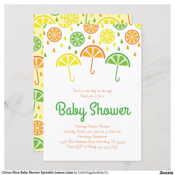 Celebrate the newest baby on the way with this adorable cute citrus slice baby shower or sprinkle design!  Perfect for a baby boy or girl on the way, and also works great for gender neutral and co-ed showers too!  The bright citrus slices are perfect for a Mom to be who loves lemons limes and oranges! #baby #shower #gender neutral #cute #co-ed #citrus #slice #orange #lemon #lime #Popular #Little #Giggles #Baby #Co #Invitations #01 #Collection