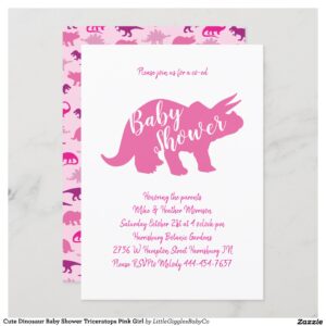 Celebrate the new parents and Baby with this cute triceratops dinosaur baby shower design!  The pink and purple dino palette make it a perfect design for a baby girl on the way! #baby #shower #cute #co-ed #dinosaur #dino #girl #pink #triceratops #girly #Cute #Dinosaur #Baby #Shower #Dino #Pink #Girl #Collection