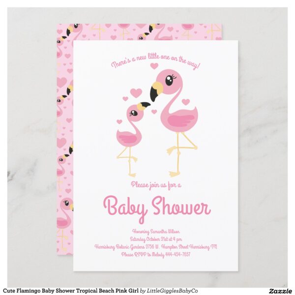 Celebrate the new little one on the way with our adorable cute flamingo baby shower design!  Perfect for a baby girl shower!  Great for a tropical or Beach theme Shower too! #baby #shower #cute #animal #mama and baby #flamingo #tropical #beach #pink #girl #Popular #Little #Giggles #Baby #Co #Invitations #01 #Collection