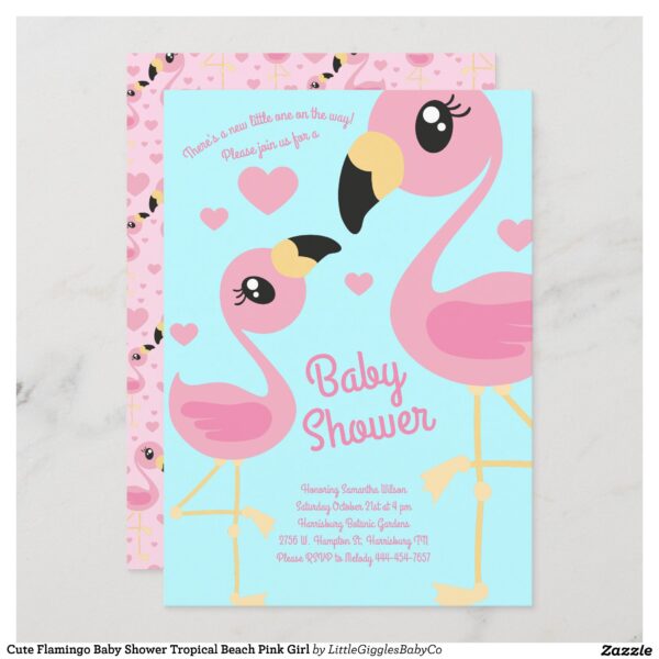 Celebrate the new little one on the way with our adorable cute flamingo baby shower design!  Perfect for a baby girl shower!  Great for a tropical or Beach theme Shower too! #baby #shower #cute #animal #mama and baby #flamingo #tropical #beach #pink #girl #Popular #Little #Giggles #Baby #Co #Invitations #01 #Collection