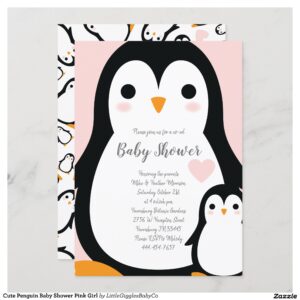 Celebrate the new parents and Baby with this cute penguin baby shower design!  The soft pink background and cute cartoon penguin bird makes it a perfect design for a baby girl on the way, especially for a winter time shower! #baby #shower #penguin #pink #girl #girly #cute #bird #winter #cartoon #Cute #Penguin #Baby #Shower #Pink #Girl #Collection