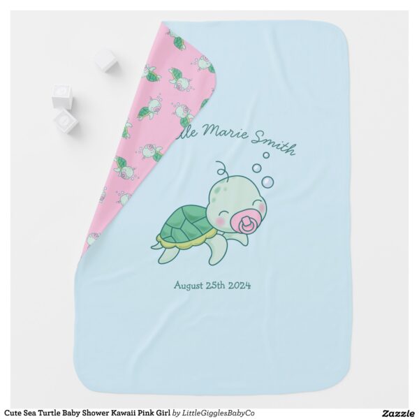 This cute kawaii sea turtle baby shower collection is perfect for an under the sea baby shower theme!  The adorable baby sea turtle has a cute blue pacifier and sweet rosey cheeks, the perfect theme for a baby boy on the way! #turtle #baby #shower #under the sea #kawaii #sea #ocean #beach #cute #boy #Cute #Sea #Turtle #Baby #Shower #Kawaii #Collection