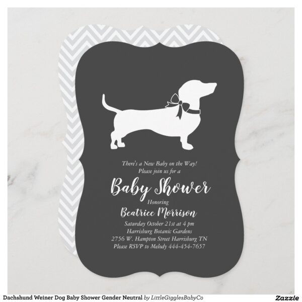 Include the big brother or sister fur baby in the celebration with this adorable dachshund weiner dog baby shower design!  Perfect for a puppy lover with a baby on the way.  The dachshund is next to an adorable vintage carriage.  The chalkboard grey background makes it perfect for a gender neutral or co-ed shower! #dog #baby #shower #puppy #gender neutral #co-ed #chalkboard #dachshund #weiner #miniature dachshund #Dachshund #Weiner #Dog #Baby #Shower #Gender #Neutral #Collection