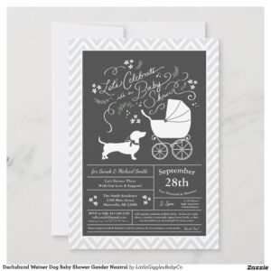 Include the big brother or sister fur baby in the celebration with this adorable dachshund weiner dog baby shower design!  Perfect for a puppy lover with a baby on the way.  The dachshund is next to an adorable vintage carriage.  The chalkboard grey background makes it perfect for a gender neutral or co-ed shower! #dog #baby #shower #puppy #gender neutral #co-ed #chalkboard #dachshund #weiner #miniature dachshund #Dachshund #Weiner #Dog #Baby #Shower #Gender #Neutral #Collection