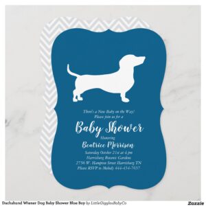 Include the big brother or sister fur baby in the celebration with this adorable Dachshund Weiner dog baby shower design!  Perfect for a puppy lover with a baby on the way.  The Dachshund is next to an adorable vintage carriage.  The blue makes it perfect for a baby boy on the way! #dog #baby #shower #blue #boy #puppy #doggy #dachshund #weiner #miniature #Dachshund #Weiner #Dog #Baby #Shower #French #Blue #Boy #Collection