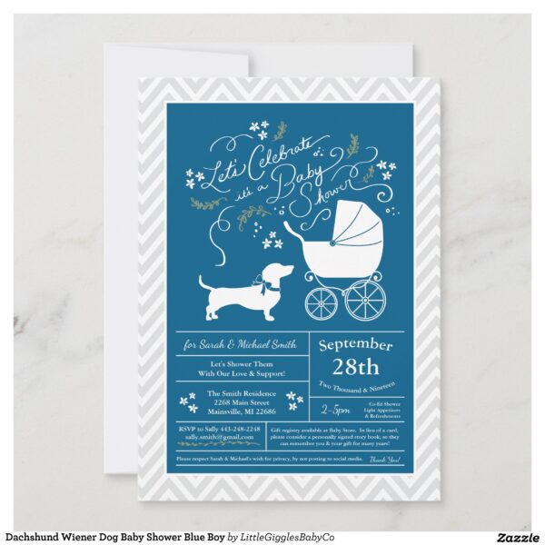 Include the big brother or sister fur baby in the celebration with this adorable Dachshund Weiner dog baby shower design!  Perfect for a puppy lover with a baby on the way.  The Dachshund is next to an adorable vintage carriage.  The blue makes it perfect for a baby boy on the way! #dog #baby #shower #blue #boy #puppy #doggy #dachshund #weiner #miniature #Dachshund #Weiner #Dog #Baby #Shower #French #Blue #Boy #Collection