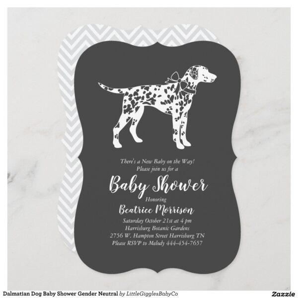 Include the big brother or sister fur baby in the celebration with this adorable Dalmatian dog baby shower design!  Perfect for a puppy lover with a baby on the way.  The Dalmatian is next to an adorable vintage carriage.  The chalkboard grey background makes it perfect for a gender neutral or co-ed shower! #dog #baby #shower #puppy #gender neutral #co-ed #chalkboard #dalmatian #dalmatian baby #dalmatian shower #Popular #Little #Giggles #Baby #Co #Invitations #01 #Collection