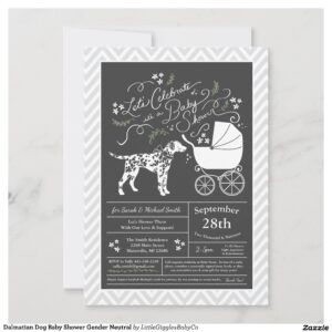 Include the big brother or sister fur baby in the celebration with this adorable Dalmatian dog baby shower design!  Perfect for a puppy lover with a baby on the way.  The Dalmatian is next to an adorable vintage carriage.  The chalkboard grey background makes it perfect for a gender neutral or co-ed shower! #dog #baby #shower #puppy #gender neutral #co-ed #chalkboard #dalmatian #dalmatian baby #dalmatian shower #Popular #Little #Giggles #Baby #Co #Invitations #01 #Collection