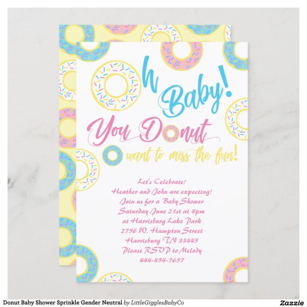 Celebrate the new baby on the way with this adorable donut baby shower or baby sprinkle design!  Makes a great look for a co-ed or gender neutral shower too! #baby #shower #co-ed #gender #neutral #donut #doughnut #sprinkle #dessert #girl #Donut #Baby #Shower #Sprinkle #Gender #Neutral #Collection