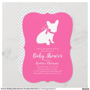 Include the big brother or sister fur baby in the celebration with this adorable French Bulldog baby shower design!  Perfect for a Frenchie lover with a baby on the way.  The Frenchy is next to an adorable vintage carriage.  The pink makes it perfect for a baby girl on the way! #french #bulldog #dog #baby #shower #frenchie #frenchy #puppy #pink #girl #Popular #Little #Giggles #Baby #Co #Invitations #01 #Collection