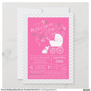 Include the big brother or sister fur baby in the celebration with this adorable French Bulldog baby shower design!  Perfect for a Frenchie lover with a baby on the way.  The Frenchy is next to an adorable vintage carriage.  The pink makes it perfect for a baby girl on the way! #french #bulldog #dog #baby #shower #frenchie #frenchy #puppy #pink #girl #Popular #Little #Giggles #Baby #Co #Invitations #01 #Collection